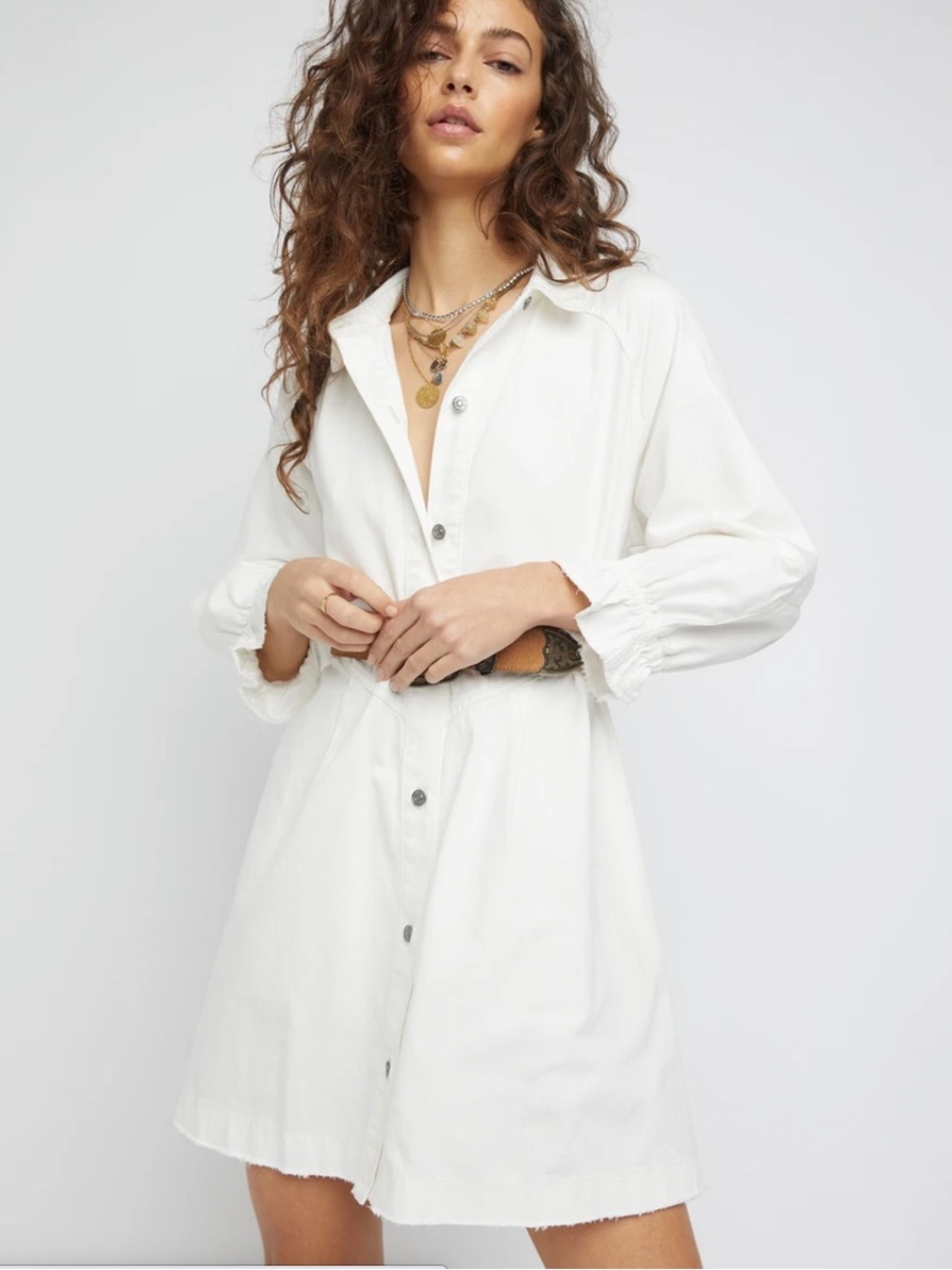 Free People We The Free Hannah Denim Mini Shirt Dress Cream Small Raw Hem Cotton